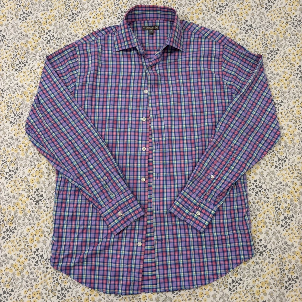 Peter Millar Summer Comfort Plaid Long Sleeve Shirt Mens Medium Golf Performance